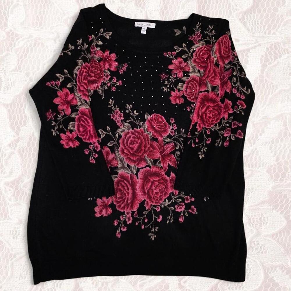 Black Rose Embroidered Rhinestone Emily Daniels Knit Sweater XL